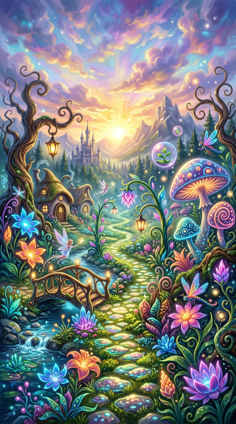 Fantasy forest path with glowing flowers, fairies, mushrooms, and castle at sunrise